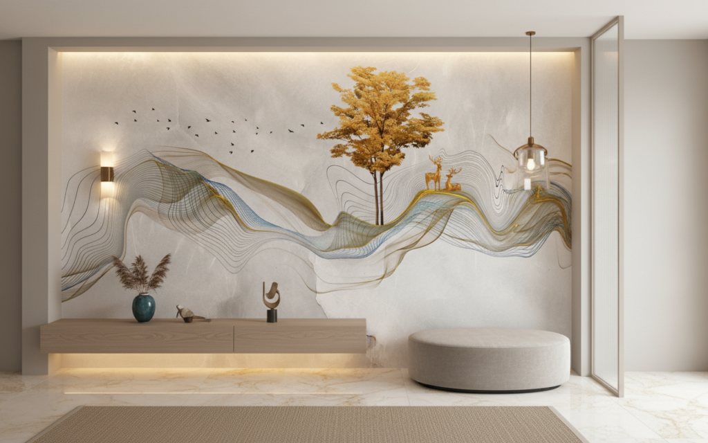 Papier peint abstrait doré avec arbre et cerfs silhouettes - Entrée