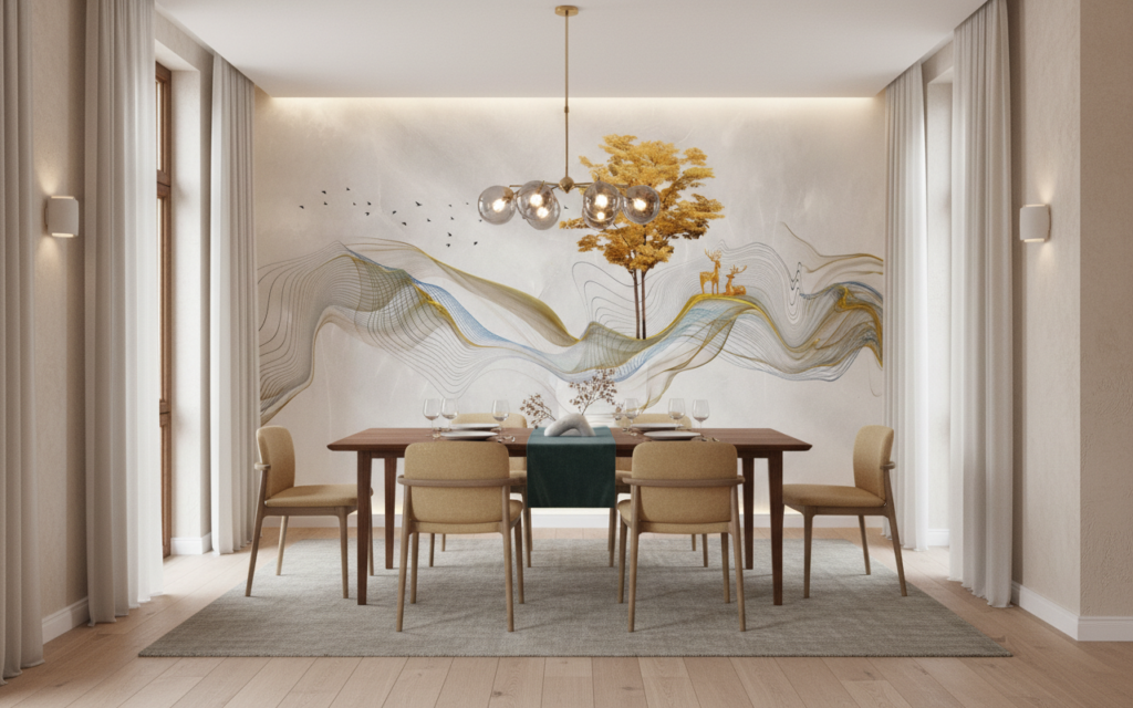 Papier peint abstrait doré avec arbre et cerfs silhouettes - Salle à manger