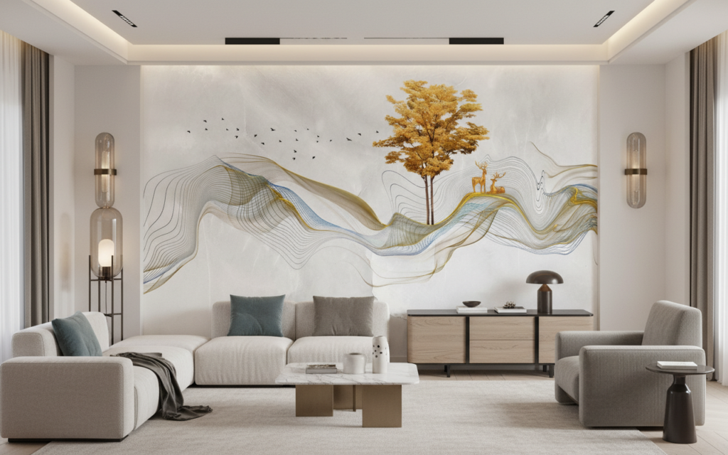 Papier peint abstrait doré avec arbre et cerfs silhouettes - Salon / Séjour