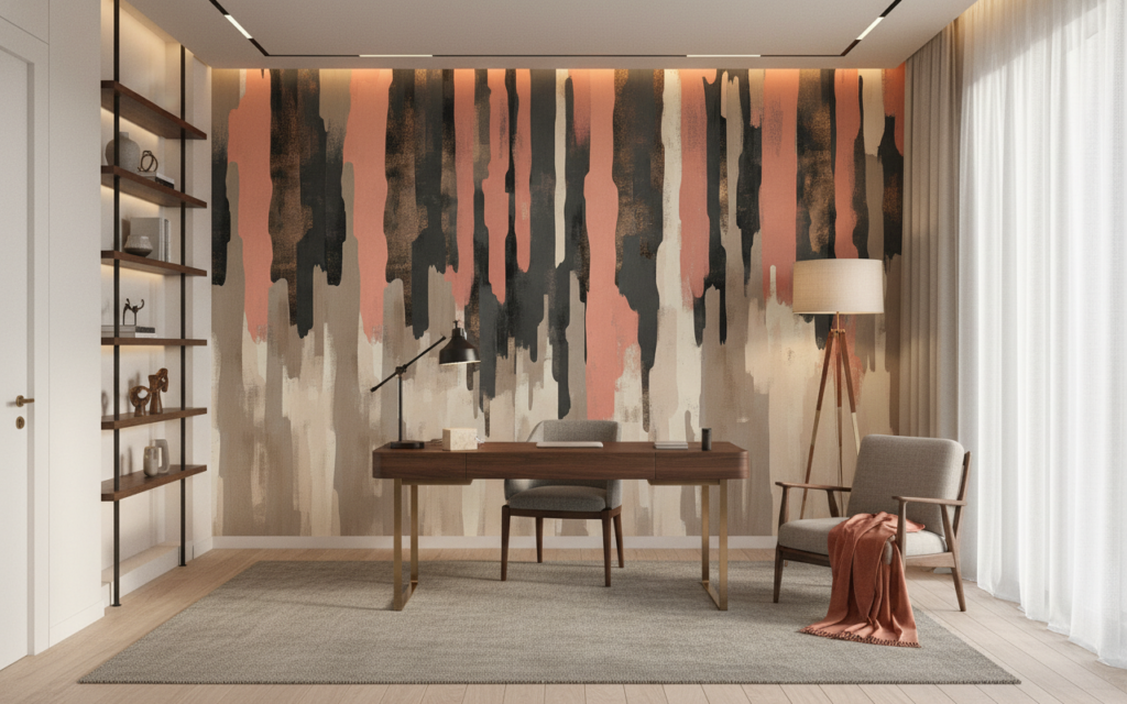 Papier peint abstrait effet pinceau couleurs terre et corail - Bureau