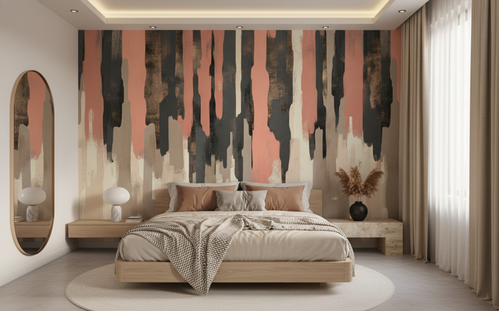 Papier peint abstrait effet pinceau couleurs terre et corail - Chambre adulte