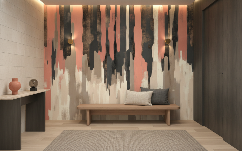 Papier peint abstrait effet pinceau couleurs terre et corail - Couloir