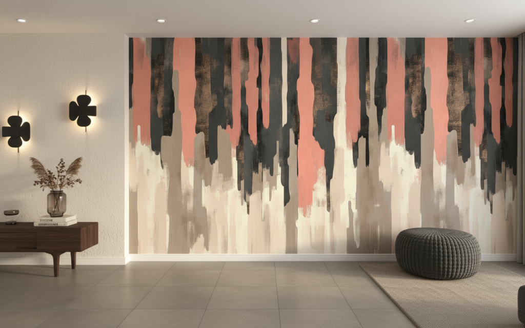 Papier peint abstrait effet pinceau couleurs terre et corail - Entrée