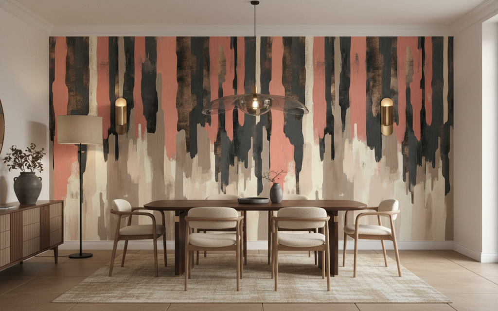 Papier peint abstrait effet pinceau couleurs terre et corail - Salle à manger