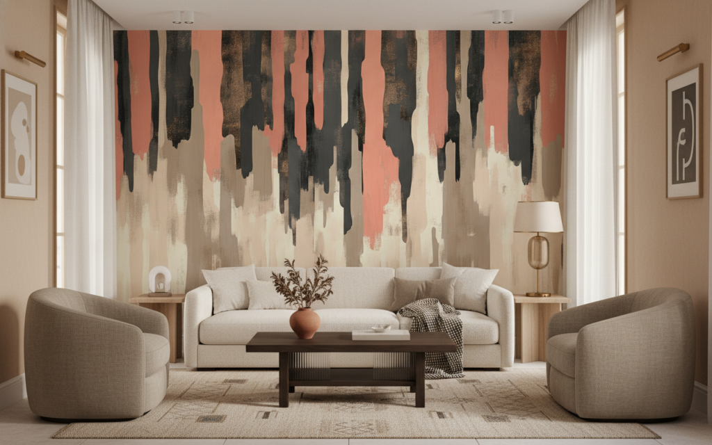 Papier peint abstrait effet pinceau couleurs terre et corail - Salon / Séjour