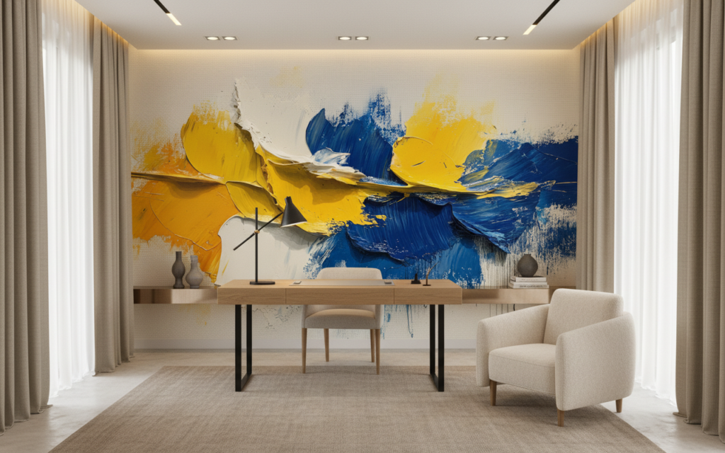 Papier Peint Abstrait Explosion de Couleurs Jaune et Bleu - Bureau