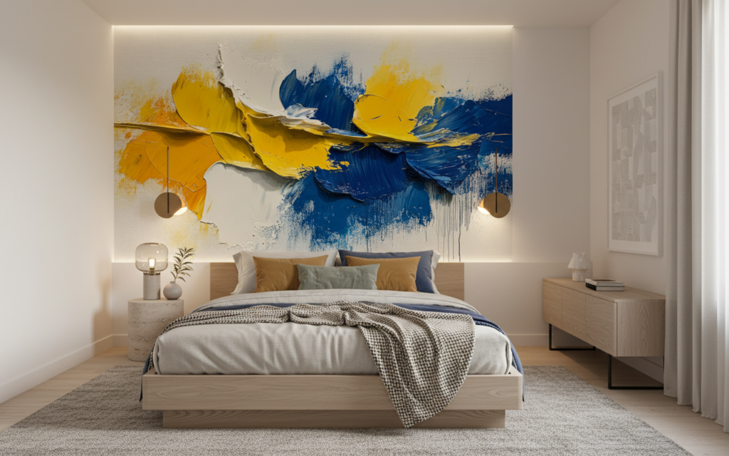 Papier Peint Abstrait Explosion de Couleurs Jaune et Bleu - Chambre adulte