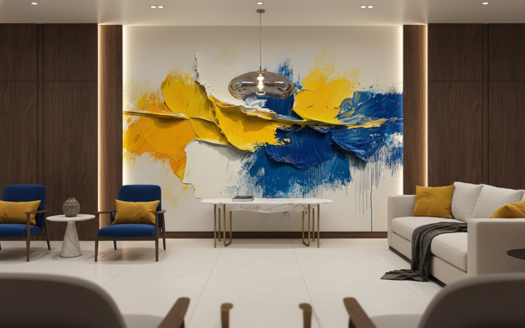 Papier Peint Abstrait Explosion de Couleurs Jaune et Bleu - Hôtel