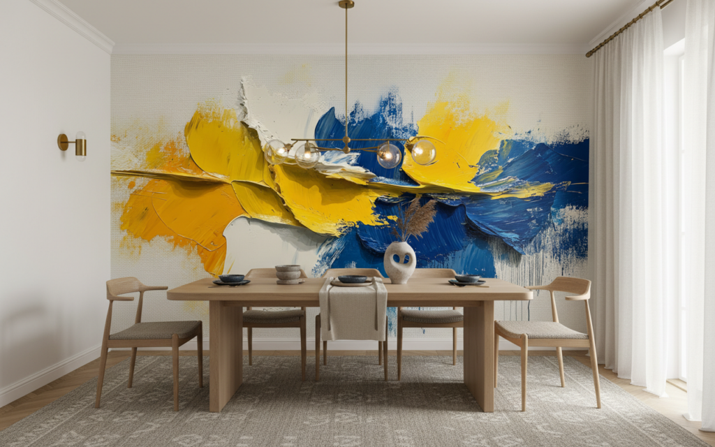 Papier Peint Abstrait Explosion de Couleurs Jaune et Bleu - Salle à manger