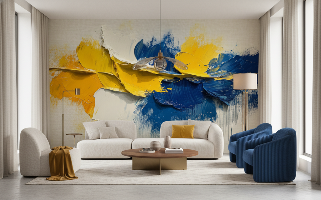 Papier Peint Abstrait Explosion de Couleurs Jaune et Bleu - Salon / Séjour