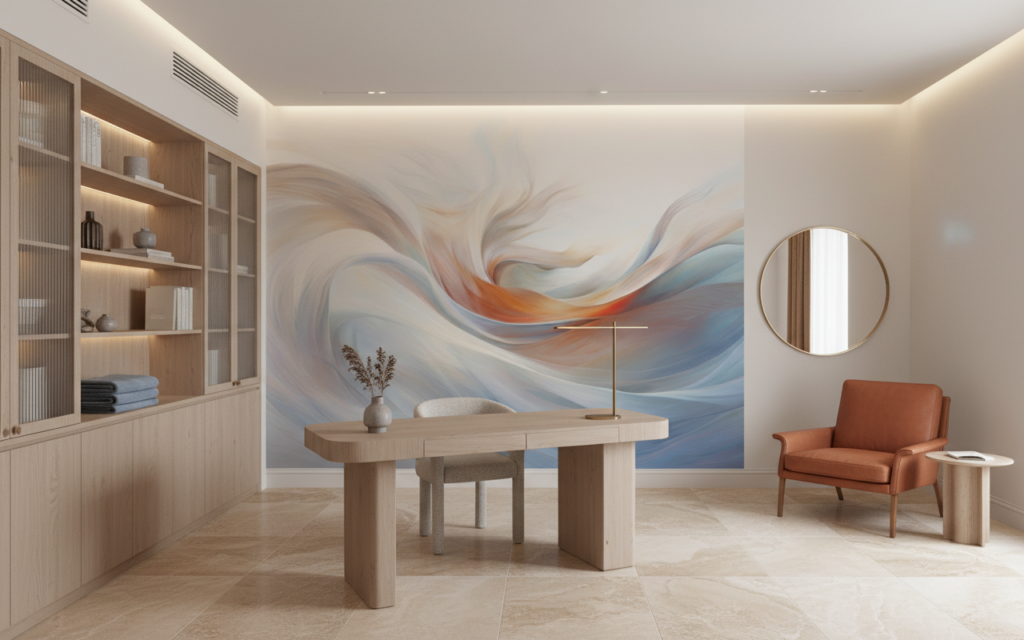 Papier peint abstrait fluide aux nuances bleues et oranges - Bureau