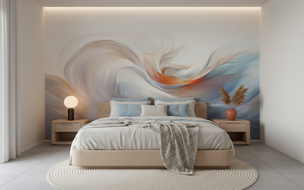 Papier peint abstrait fluide aux nuances bleues et oranges - Chambre adulte