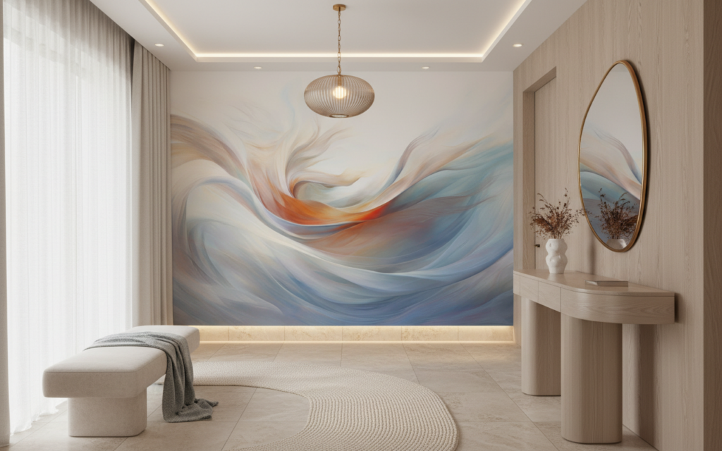 Papier peint abstrait fluide aux nuances bleues et oranges - Entrée