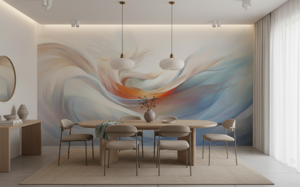 Papier peint abstrait fluide aux nuances bleues et oranges - Salle à manger