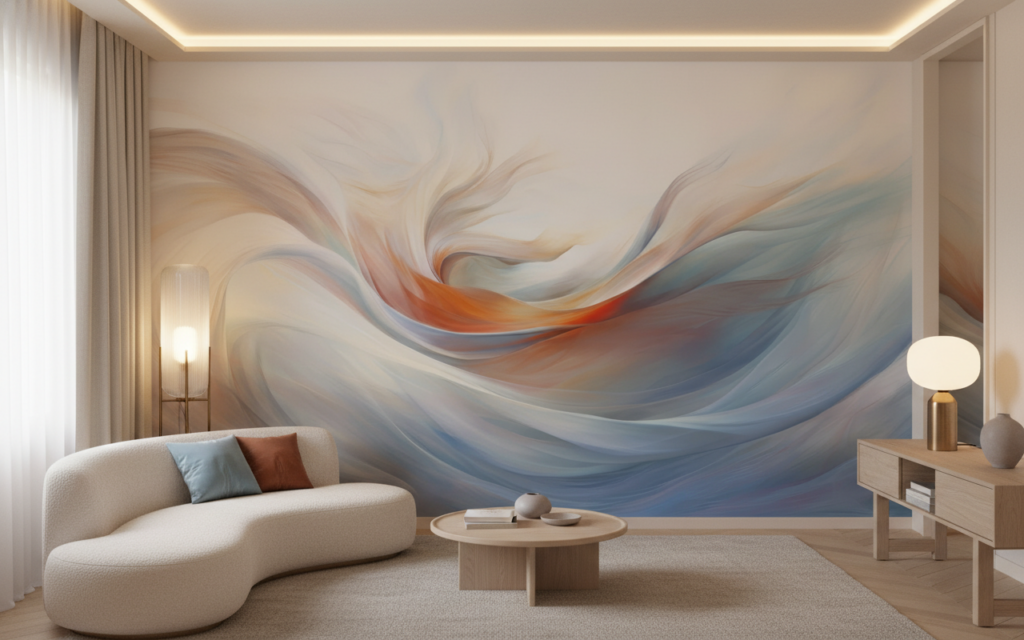 Papier peint abstrait fluide aux nuances bleues et oranges - Salon / Séjour