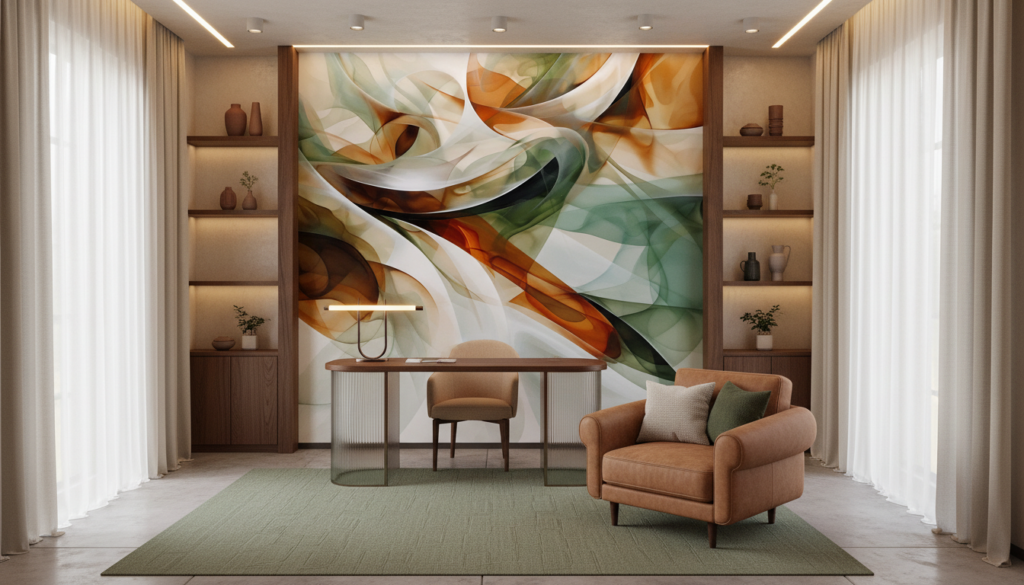 Papier Peint Abstrait Flux Ondulants Orange Vert Translucide - Bureau