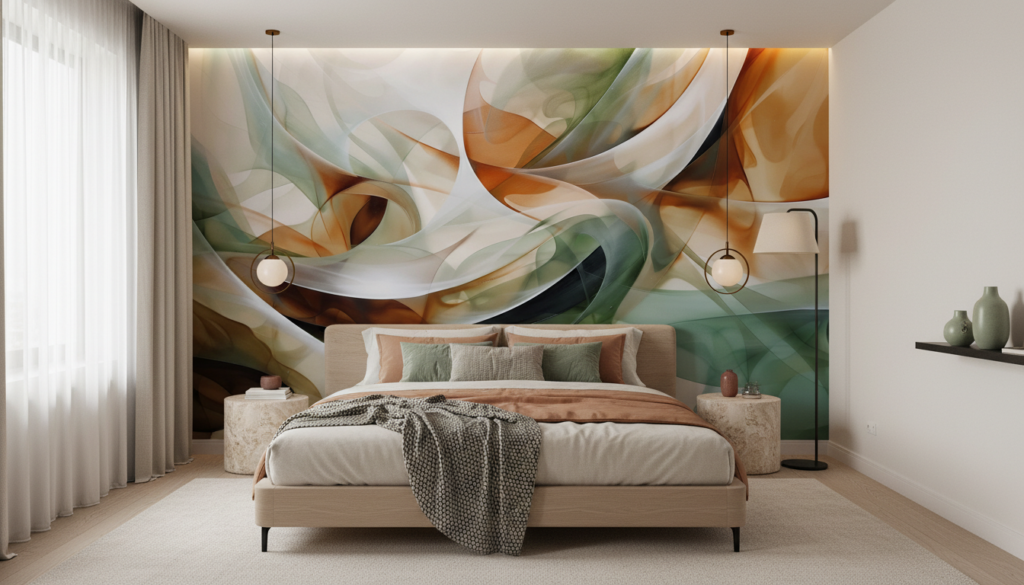 Papier Peint Abstrait Flux Ondulants Orange Vert Translucide - Chambre adulte