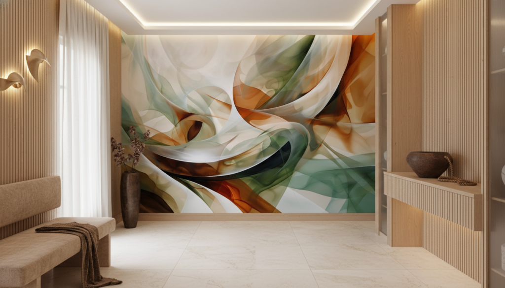 Papier Peint Abstrait Flux Ondulants Orange Vert Translucide - Entrée