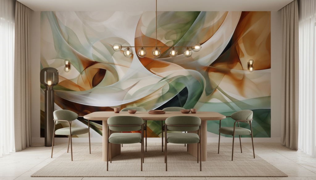 Papier Peint Abstrait Flux Ondulants Orange Vert Translucide - Salle à manger