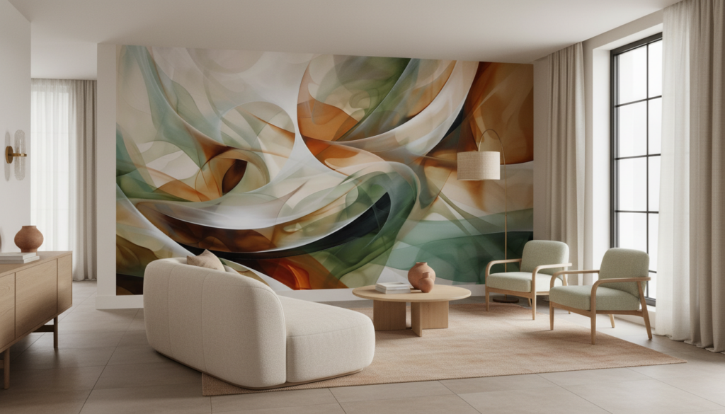 Papier Peint Abstrait Flux Ondulants Orange Vert Translucide - Salon / Séjour