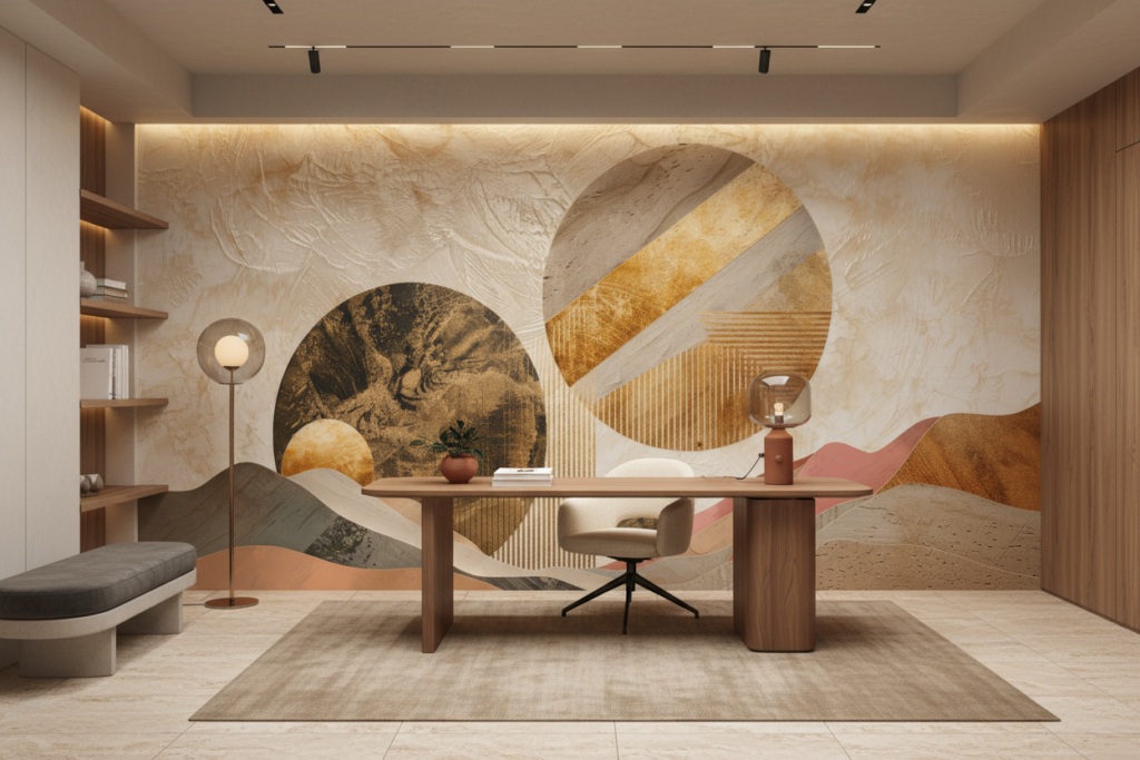 Papier peint abstrait formes géométriques tons chauds ocre terracotta - Bureau