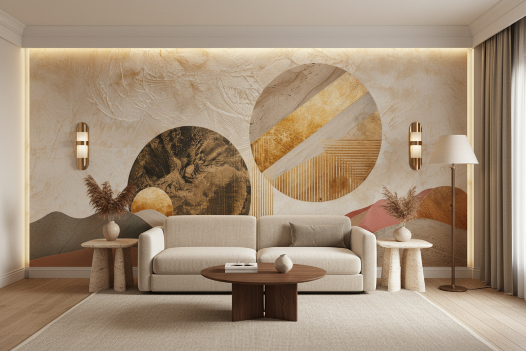 Papier peint abstrait formes géométriques tons chauds ocre terracotta - Hôtel