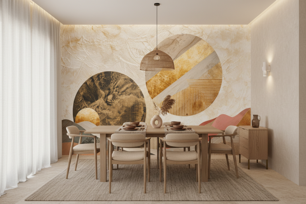 Papier peint abstrait formes géométriques tons chauds ocre terracotta - Salle à manger