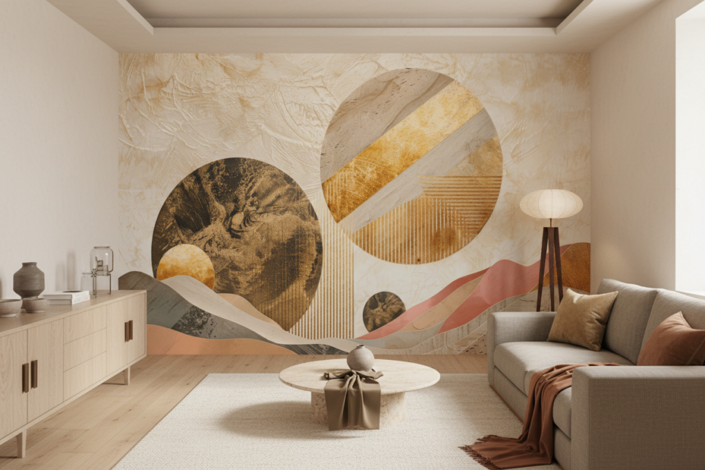 Papier peint abstrait formes géométriques tons chauds ocre terracotta - Salon / Séjour