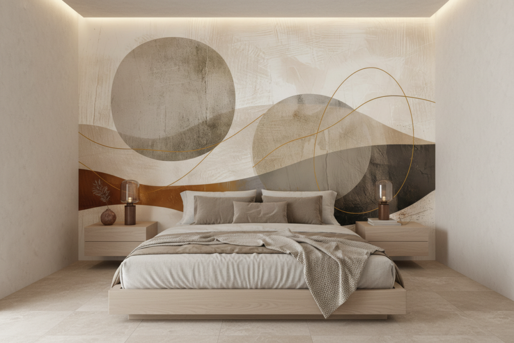 Papier Peint Abstrait Formes Géométriques Tons Neutres et Dorés - Chambre adulte