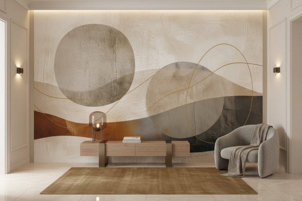 Papier Peint Abstrait Formes Géométriques Tons Neutres et Dorés - Entrée