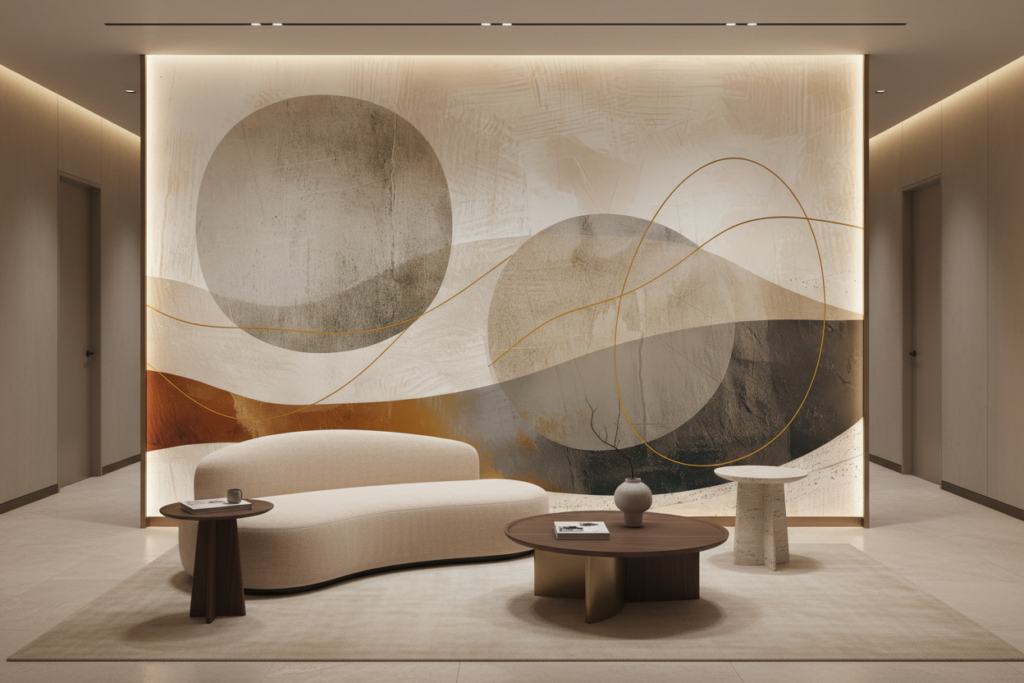 Papier Peint Abstrait Formes Géométriques Tons Neutres et Dorés - Hôtel