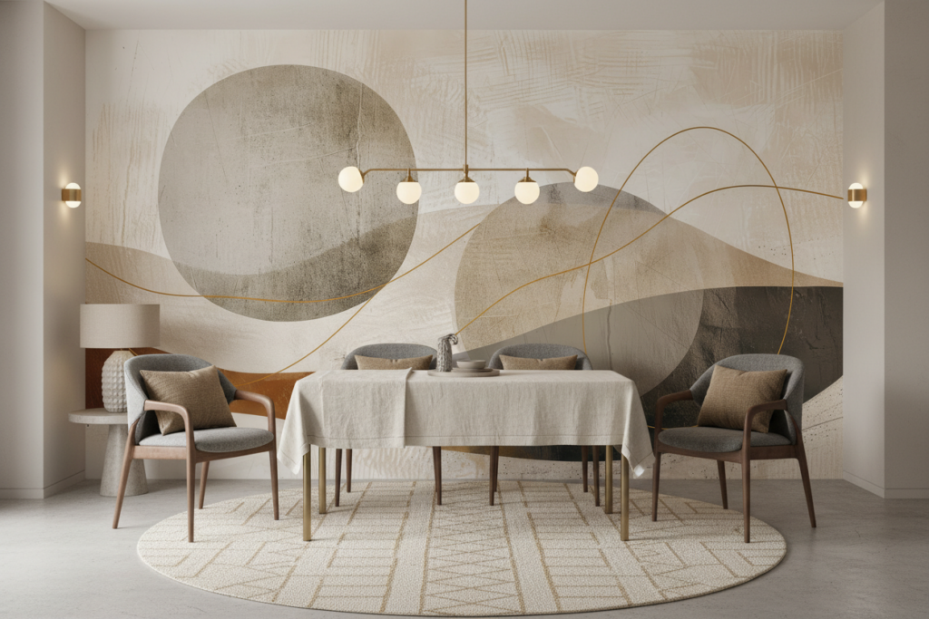 Papier Peint Abstrait Formes Géométriques Tons Neutres et Dorés - Salle à manger