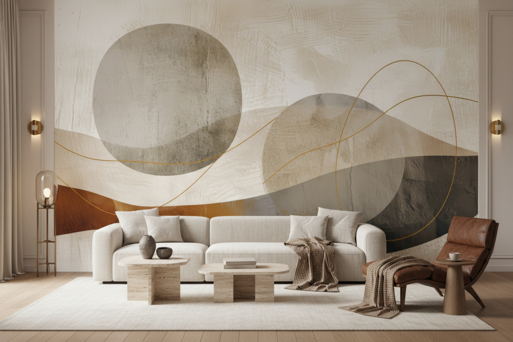 Papier Peint Abstrait Formes Géométriques Tons Neutres et Dorés - Salon / Séjour