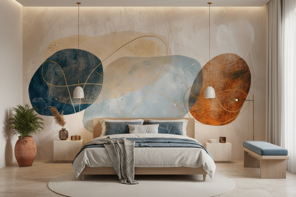 Papier Peint Abstrait Formes Organiques Bleu Terracotta Doré - Chambre adulte