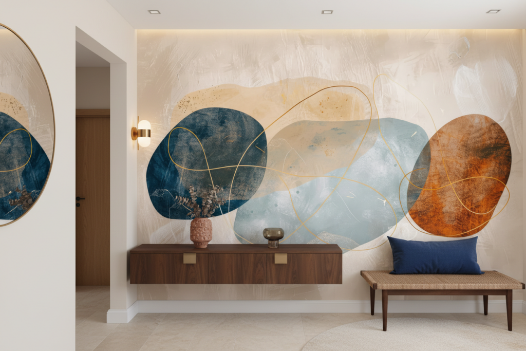 Papier Peint Abstrait Formes Organiques Bleu Terracotta Doré - Entrée