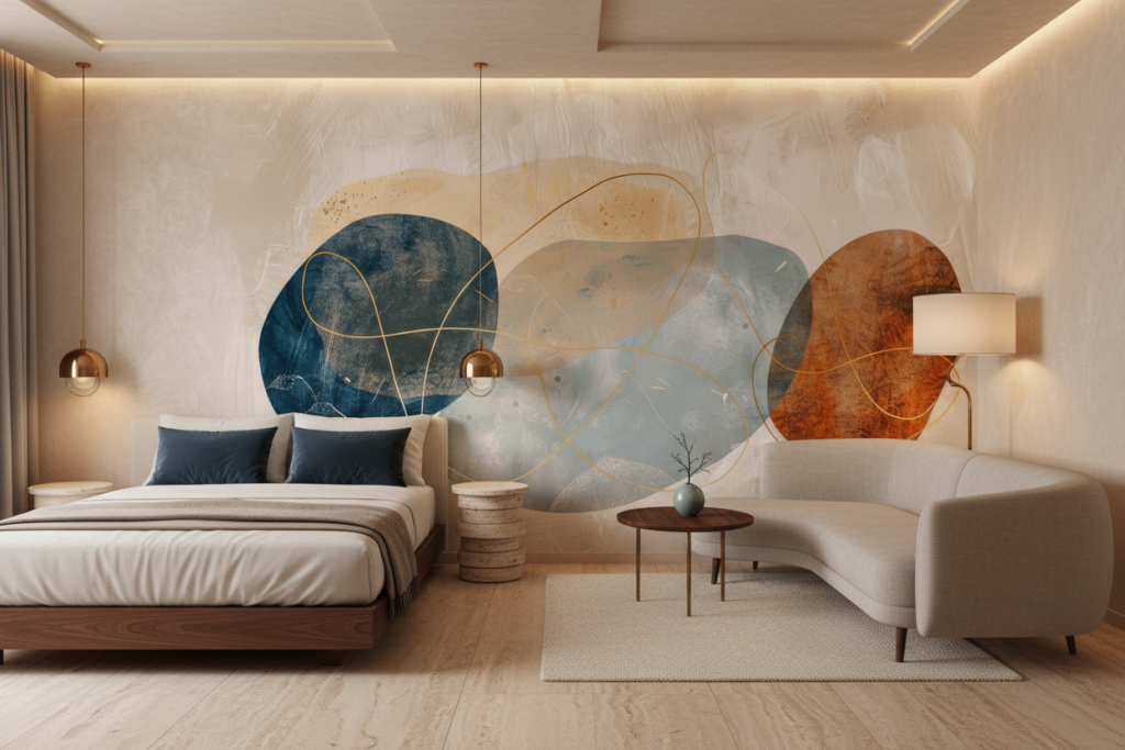 Papier Peint Abstrait Formes Organiques Bleu Terracotta Doré - Hôtel