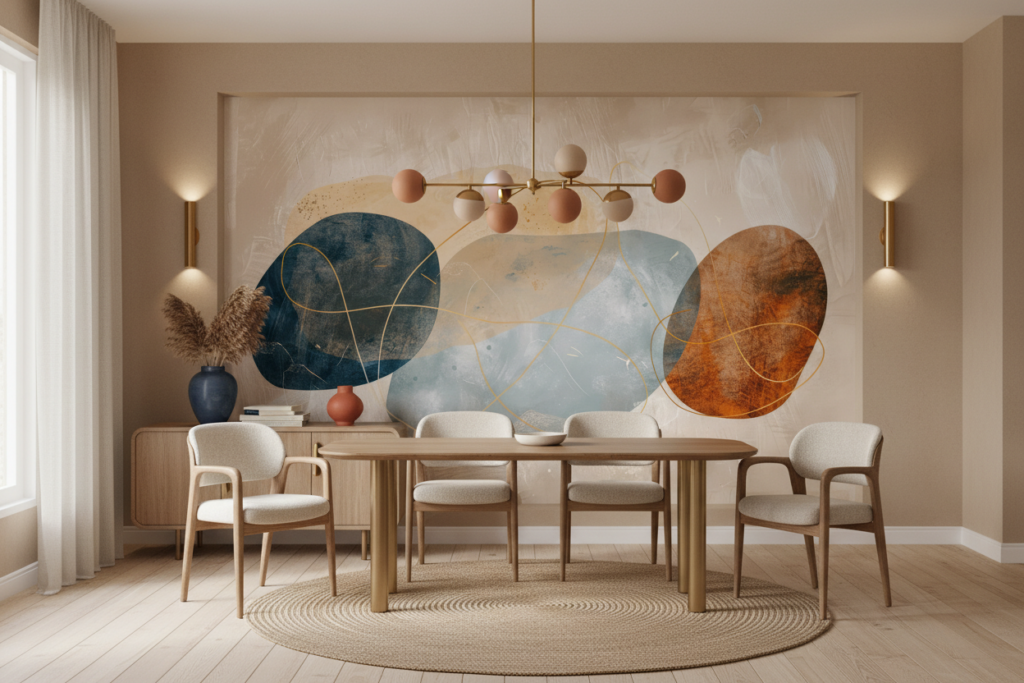 Papier Peint Abstrait Formes Organiques Bleu Terracotta Doré - Salle à manger