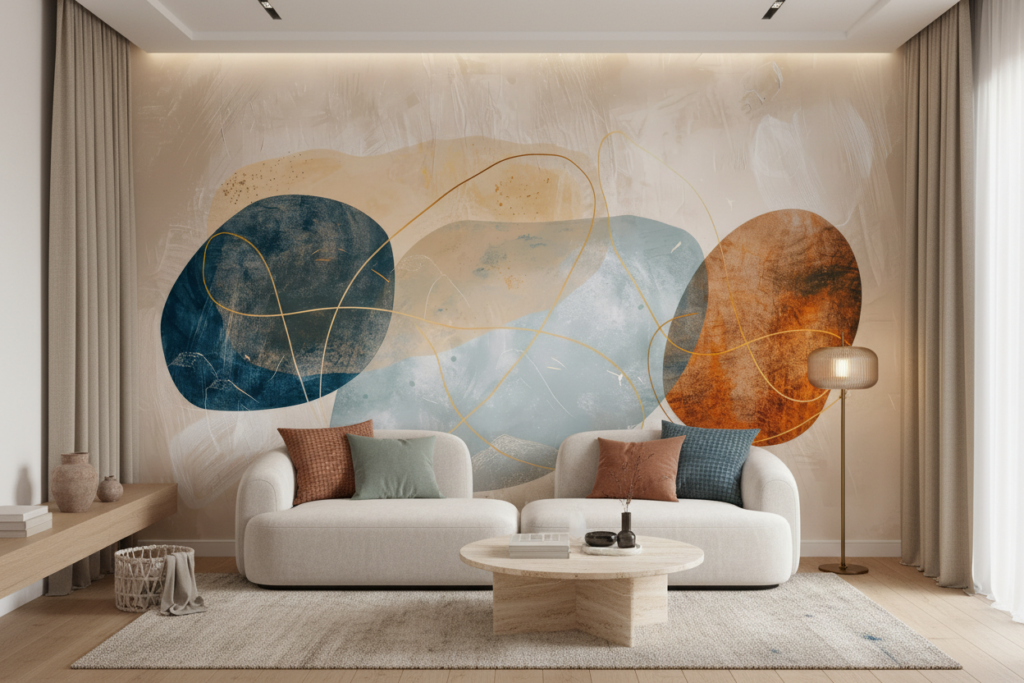 Papier Peint Abstrait Formes Organiques Bleu Terracotta Doré - Salon / Séjour