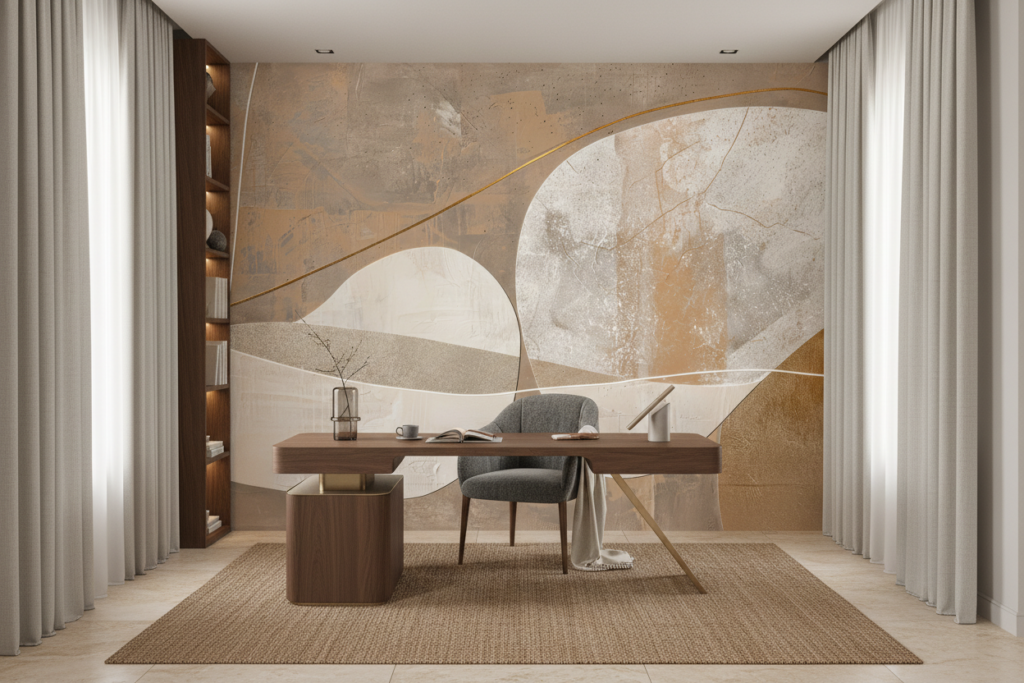 Papier Peint Abstrait Formes Organiques Textures Nuancées Beige Doré - Bureau