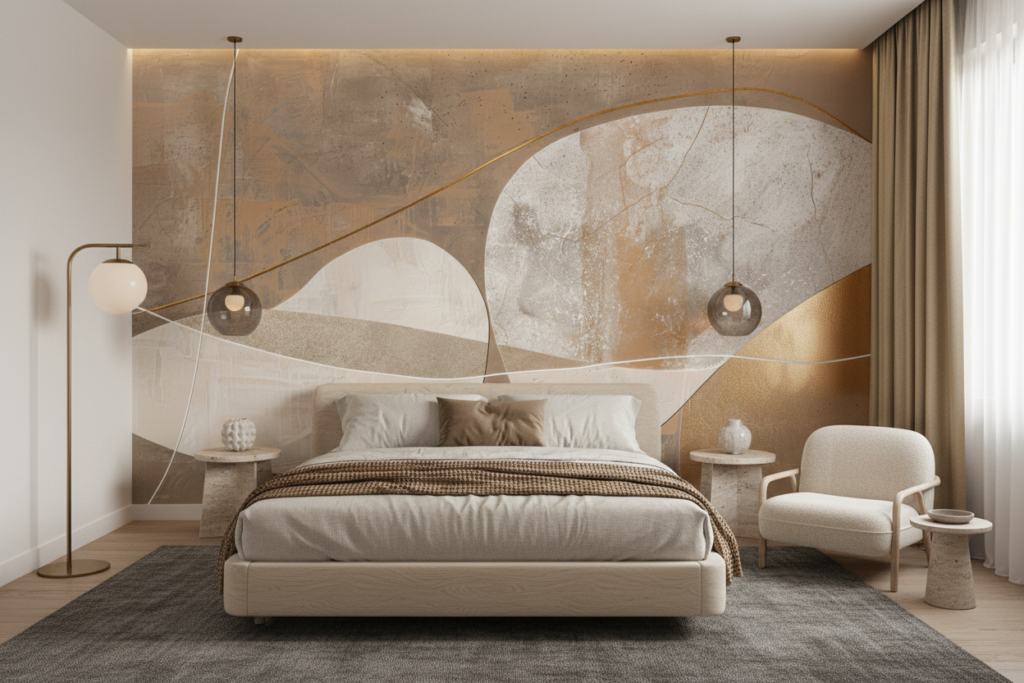 Papier Peint Abstrait Formes Organiques Textures Nuancées Beige Doré - Chambre adulte