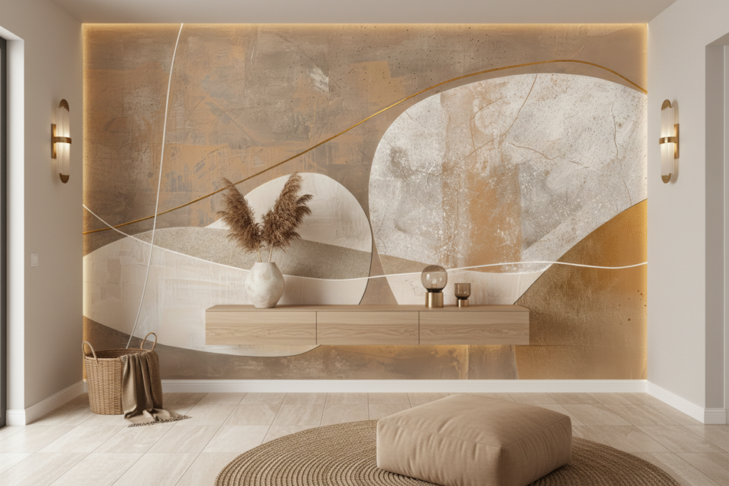 Papier Peint Abstrait Formes Organiques Textures Nuancées Beige Doré - Entrée