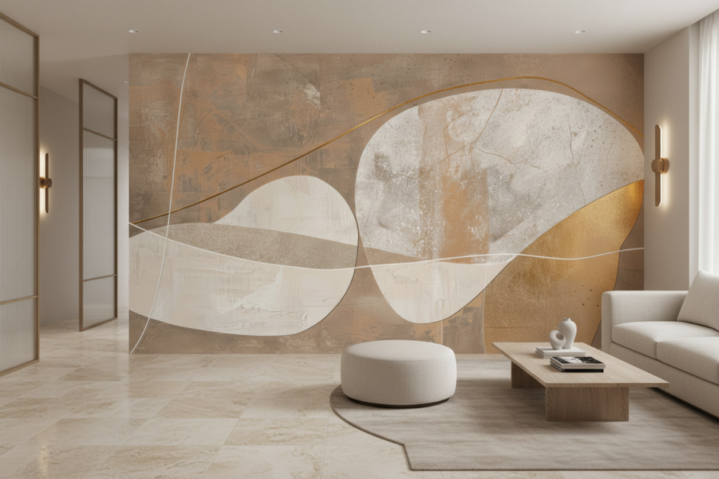 Papier Peint Abstrait Formes Organiques Textures Nuancées Beige Doré - Hôtel