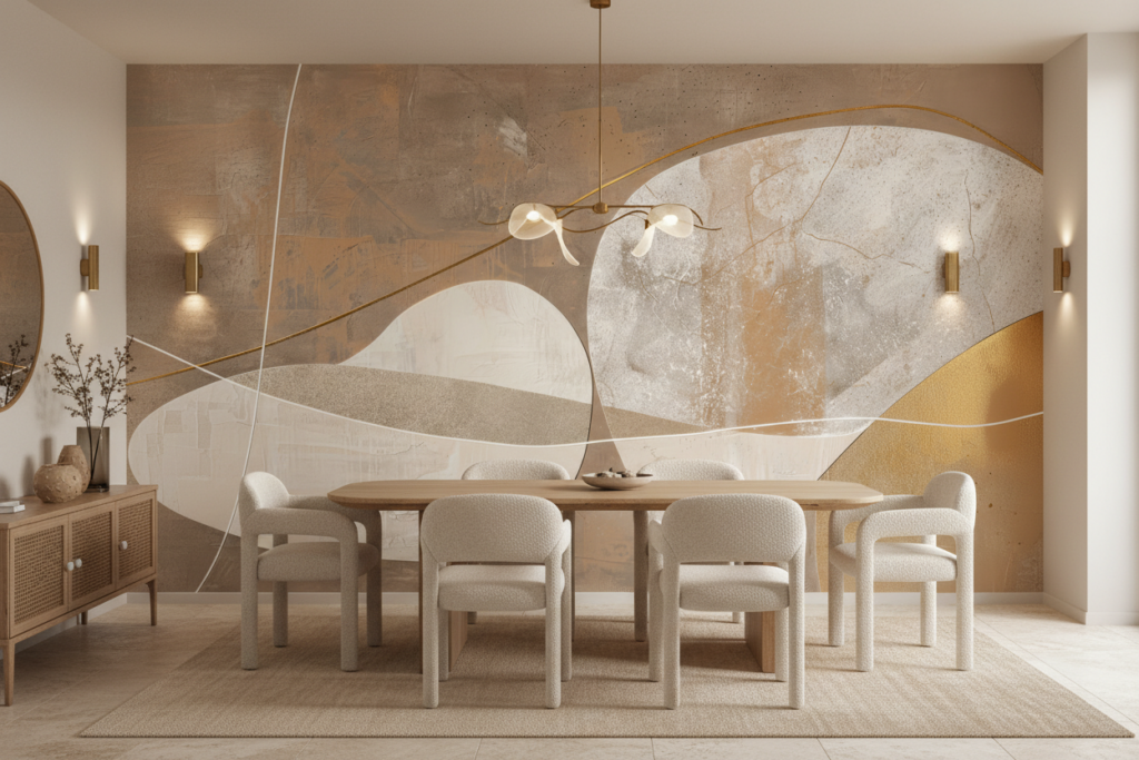 Papier Peint Abstrait Formes Organiques Textures Nuancées Beige Doré - Salle à manger