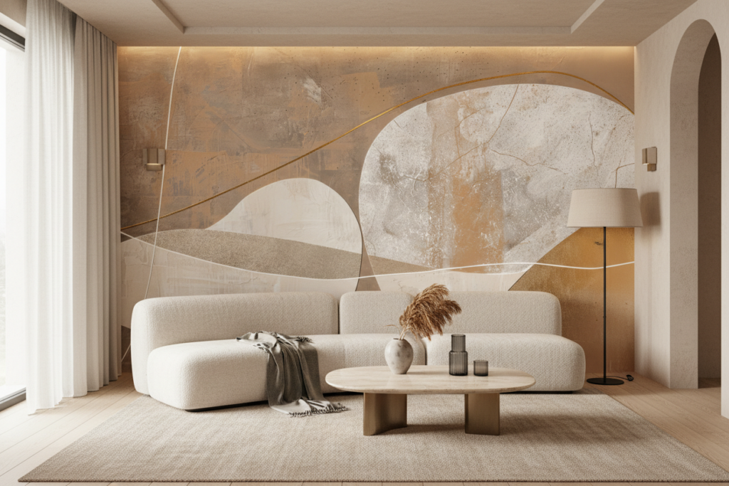 Papier Peint Abstrait Formes Organiques Textures Nuancées Beige Doré - Salon / Séjour