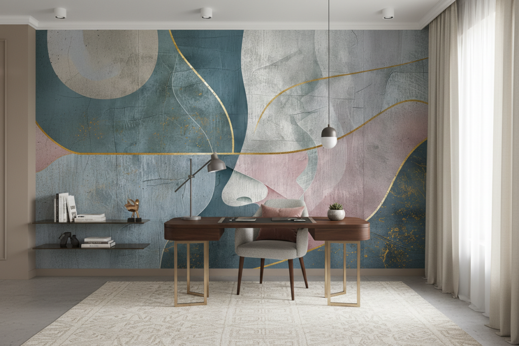 Papier Peint Abstrait Géométrique aux Nuances Bleu Gris et Rose - Bureau