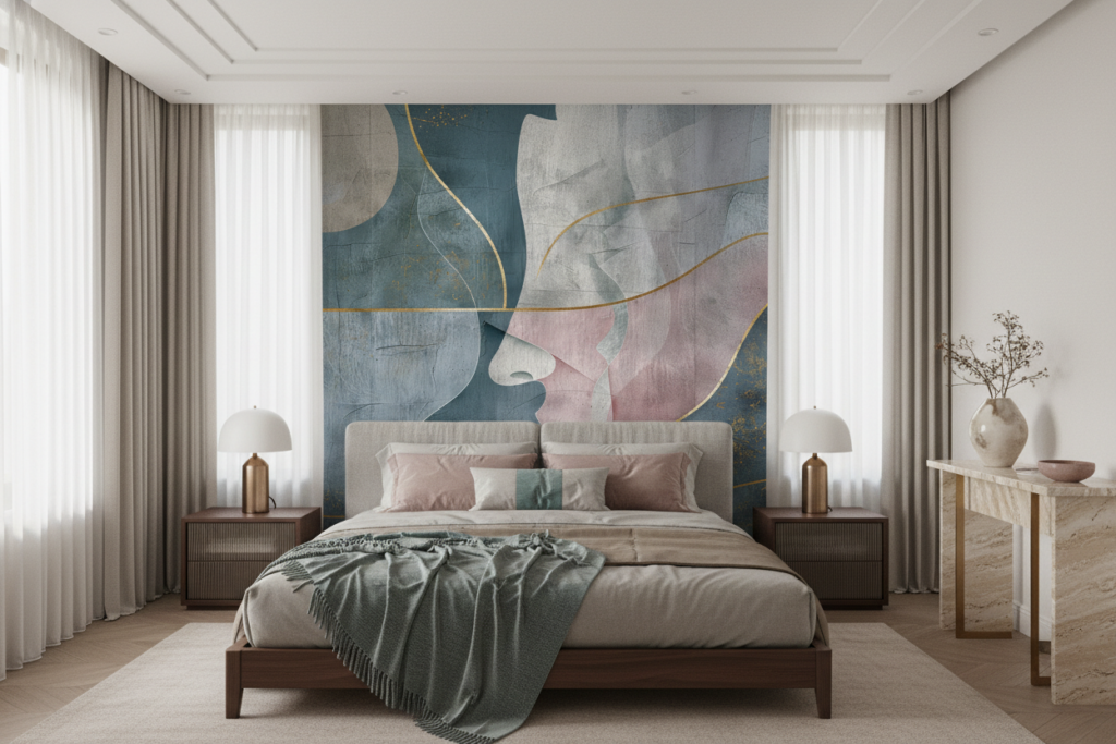 Papier Peint Abstrait Géométrique aux Nuances Bleu Gris et Rose - Chambre adulte