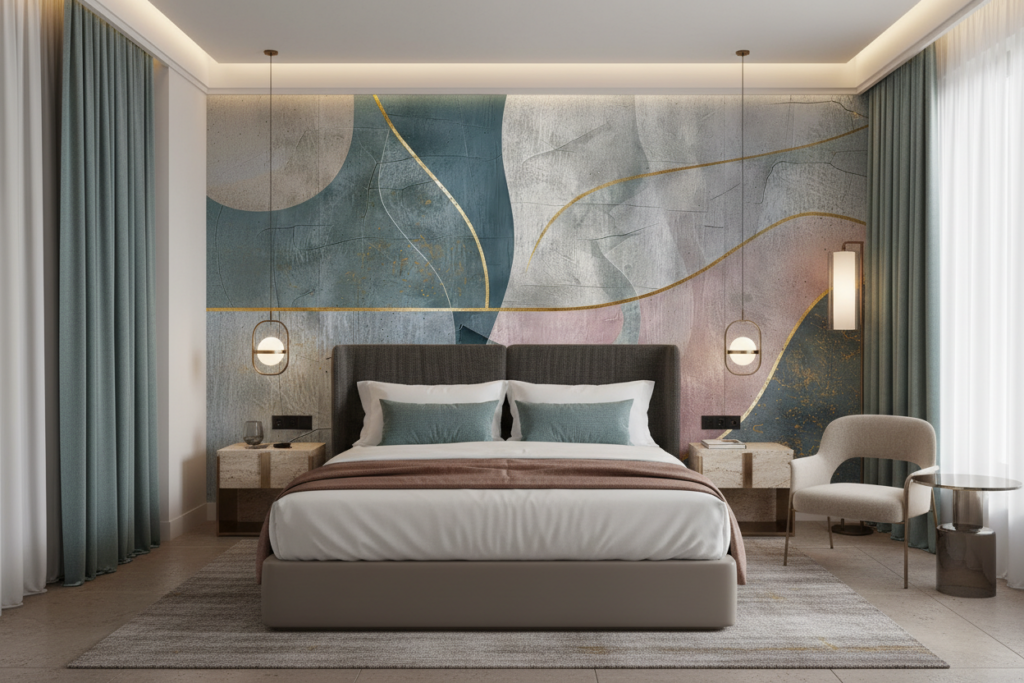 Papier Peint Abstrait Géométrique aux Nuances Bleu Gris et Rose - Hôtel