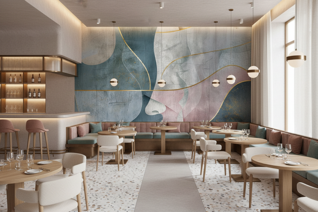 Papier Peint Abstrait Géométrique aux Nuances Bleu Gris et Rose - Restaurant