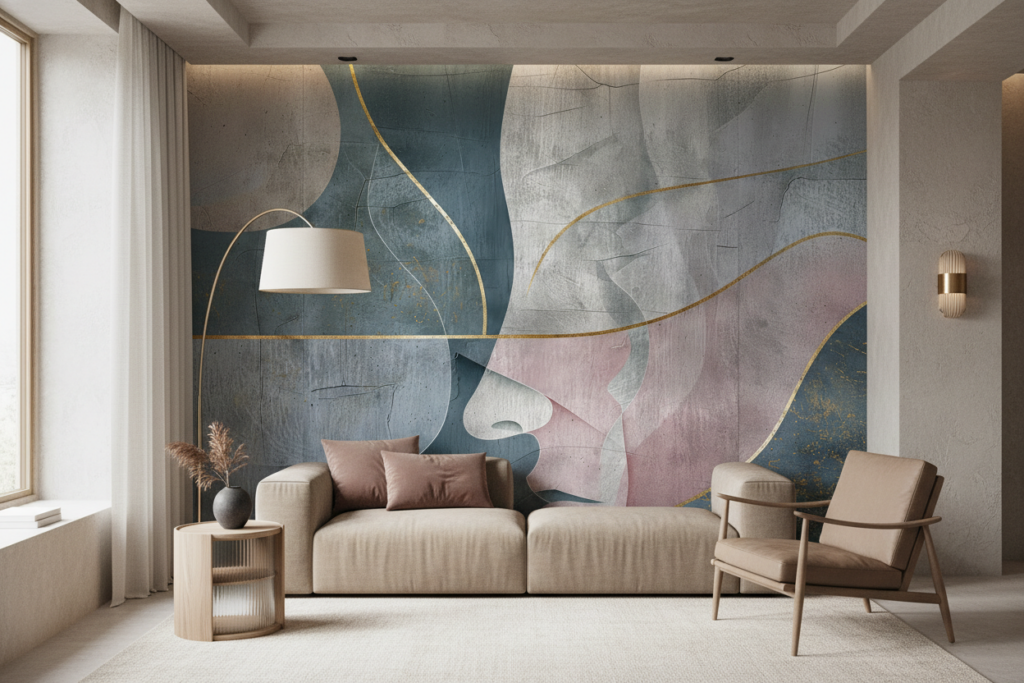 Papier Peint Abstrait Géométrique aux Nuances Bleu Gris et Rose - Salon / Séjour