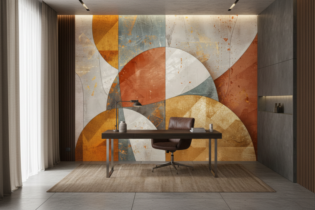Papier peint abstrait géométrique aux tons ocre et dorés - Bureau